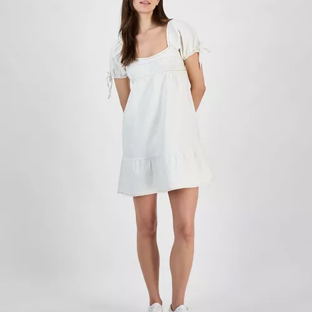 Planet Heart Chic White Puff Sleeve Off White with Brown Stitching Mini Dress